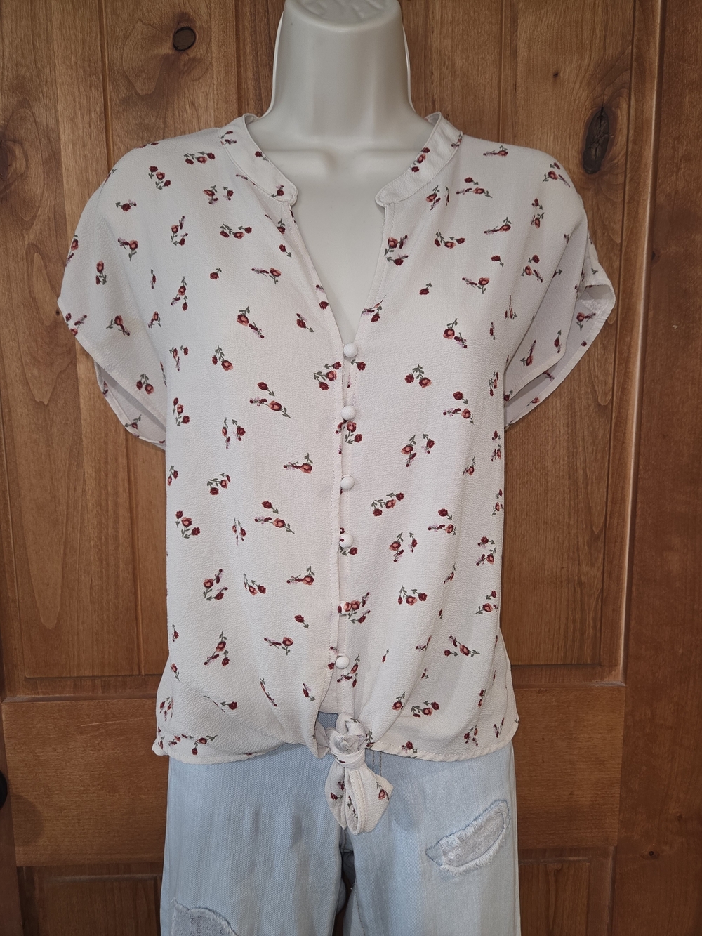 Pink Rose Cream Tie-Front Blouse with Red Floral Print